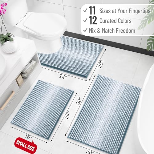 Image of OLANLY Bathroom Runner Rugs 44x24, Extra Soft Absorbent Chenille Striped Bath Rugs, Rubber Backing, Machine Wash Dry, Long Bath Mats for Bathroom, Tub, Shower, Home Decor Accessories, Airy Blue