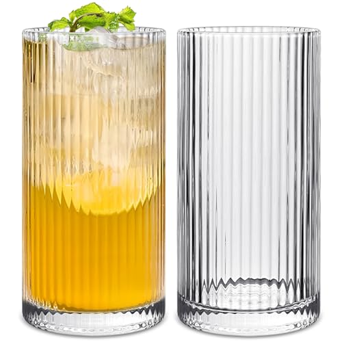 Wieat Highball Glasses Drinking Glasses Ribbed Glassware Coffee Mug Drinking Cups for Water Coffee Cocktail Beer Juice (12 oz) Set of 2