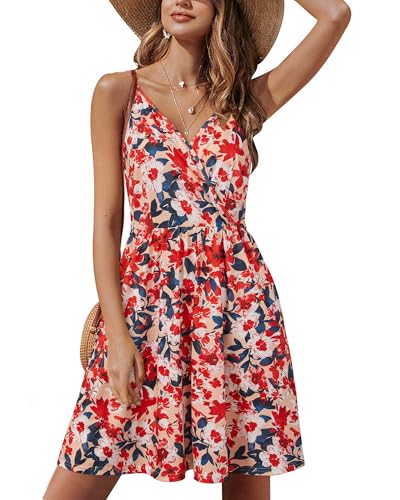 Image of STYLEWORD Womens Sundress Summer Floral Wrap V Neck Backless A-Line Casual Beach Midi Dress
