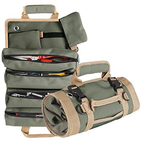 Roll Up Tool Bag, Oxford Cloth Roll Tool Organizer with 4 Zipper Pockets and 2 Detachable Pouches Wrench Roll Up Pouch Bag Multi-Purpose Tool Roll Organizer for Mechanic Electrician Cover