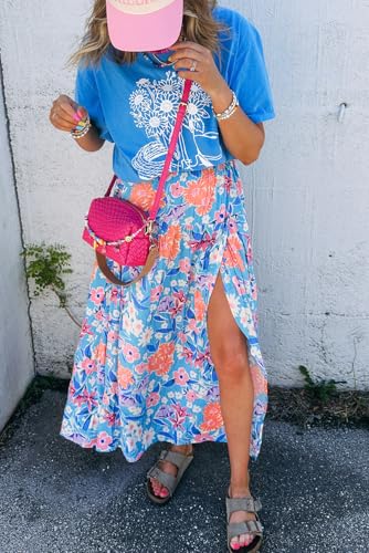 Women's Sky Blue Floral Printed High Waist Split Wrap Maxi Skirt2