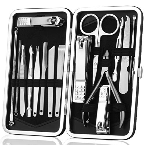 Esup Manicure Pedicure Set Nail Clippers 16 in 1 Stainless Steel Professional Pedicure Kit Nail Scissors Grooming Kit with Leather Travel Case for Women and Men
