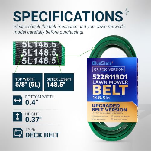 Image of [Upgraded Grip120] BlueStars 522811301 Deck Belt Aramid Cord 148.5 inch x 5 /8 inch | Deck Belt for 52 Inch Husqvarna MZ52 MZT52 MZT 52 BF MZ5226BF Dixon RedMax Zero-Turn Mowers Replaces 522811301 Mower Belt