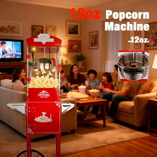 Image of Popcorn Machine with Cart - Stainless Steel Pot with Storage - Cinema Style Retro Popcorn Maker with Wheels for Home Parties, Movie Theaters, Christmas Concession Equipment - Red (12OZ /Cart)
