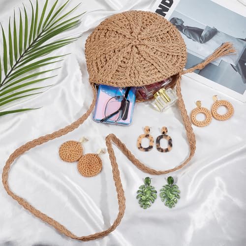 Beebeecraft 4 Pairs Rattan Earrings Set Dark Straw Shoulder Bag for Women Leopard Dangle Acrylic Earring Woven Clutch Handbag Crossbody Vacation Beach Accessories3