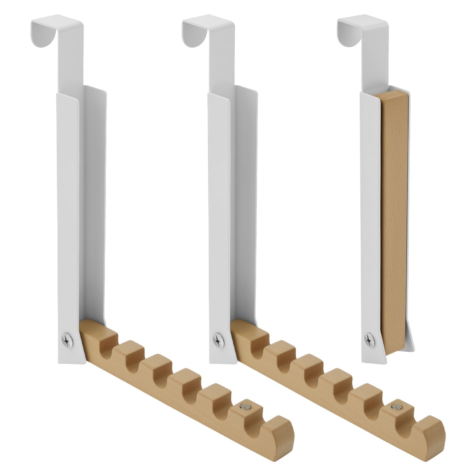 3Pcs Over Door Hanger, Foldable Over Door Hook with 6 Grooves, Metal & Wood Overdoor Coat Hanger Hooks for Bedroom, Clothes, Towel, Hats, Bags