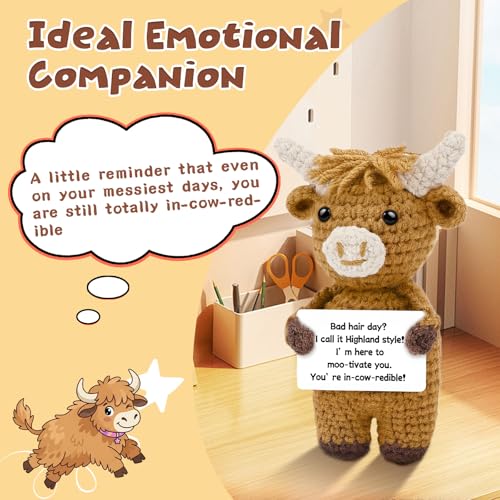 Image of Hoedia Positive Crochet Highland Cow with Inspirational Card, Emotional Stuffed Animal Self Care Gift, Get Well Birthday Gifts for Women Men Friends Coworkers