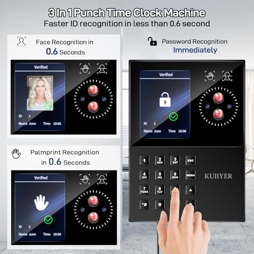Image of KUIIYER 3 in 1 Employees Time Clocks for Small Business (Face + Palm Print + Password) Employee Clock in & Out Machine Biometric Attendance Punch Clock Recorder Tracker (No Monthly Fee)