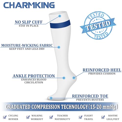 Image of CHARMKING Compression Socks for Women & Men, 4 Pairs, Travel Nurse Athlete | Graduated 10-15mmHg compression, soft stretch fabric, boost blood circulation, relieve leg swelling, ideal for travel, nurses
