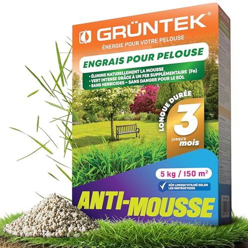 GRÜNTEK Engrais Gazon Anti-Mousse Été Automne Hiver NPK 15-5-24 – Engrais Pelouse Longue Durée 3 Mois, Protection Chaleur Sécheresse Gel – Engrais...