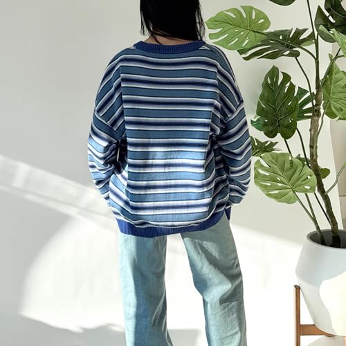 Image of Women Vintage Striped Pullover Sweater Y2k Long Sleeve Crew Neck Loose Knit Sweaters Fall Winter Knitwear