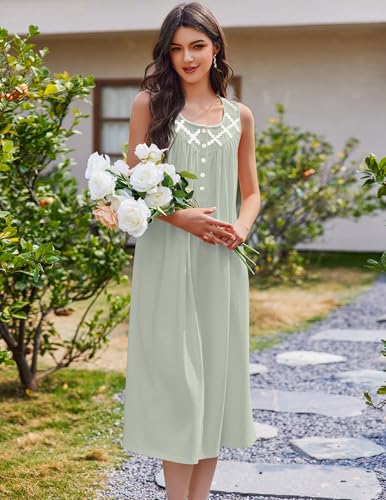 Image of Ekouaer Nightgowns for Women Cotton Long Night Gown Sleeveless Sleep Dress Victorian Nightdress Ladies Sleepwear Light Green Medium