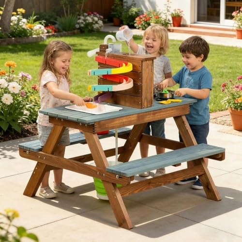 Image of Mud Kitchen for Kids Outdoor, Wooden Play Table with Hand Pump and Sink, Picnic Bench, Stainless Steel Cookware & Bucket, Backyard Sensory Play Kitchen for Toddlers Age 3+