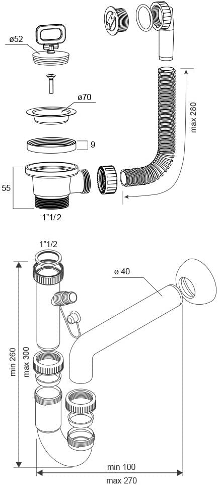 Sifoni, canotti in plastica (polipropilene) per lavello, lavabo, lavandino, vasca, doccia, lavatoio ad incasso o salvaspazio (Sifone curvo ad 1 via da 1'' 1/2 con scarico)