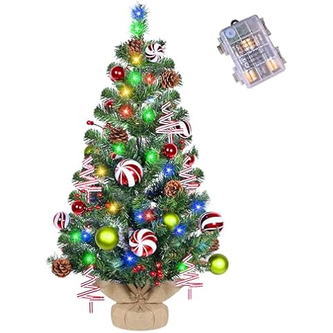 3ft Pre-lit Artificial Christmas Tree with 60 LED Lights,Vlorart Tabletop Christmas Tree with Colorful Balls,Pine Cones,Red Berries and Tree Ornaments for Home Fireplaces Xmas Indoor Outdoor Cover