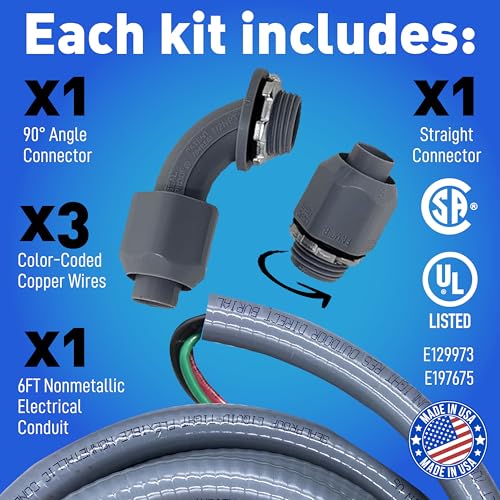 Sealproof Power Whip Assembly, 3/4-Inch x 6 Ft Nonmetallic Liquid Tight Flexible Electrical Conduit and 8 Gauge Wire Single Phase Preassembled A/C Hook-up Whip Kit, 3/4" Dia by Sealproof - Image 5