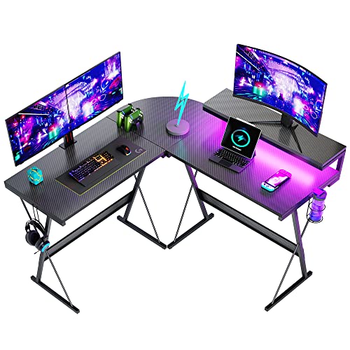 Bestier Bureau d'ordinateur de jeu en forme de L avec lumières LED, support de moniteur de 130 cm, crochet ergonomique pour la maison, le bureau et les petits espaces Cover
