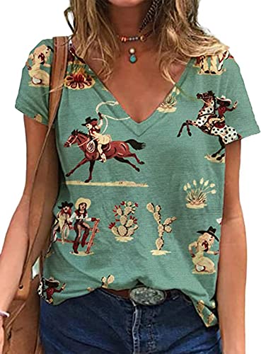 Womens Short Sleeve Western Shirts Vintage Cowgirl Horse Print V Neck T Shirt Causal Loose Fit Desert Cactus Pattern Tops(Ghorse,3Xl) #TOP21