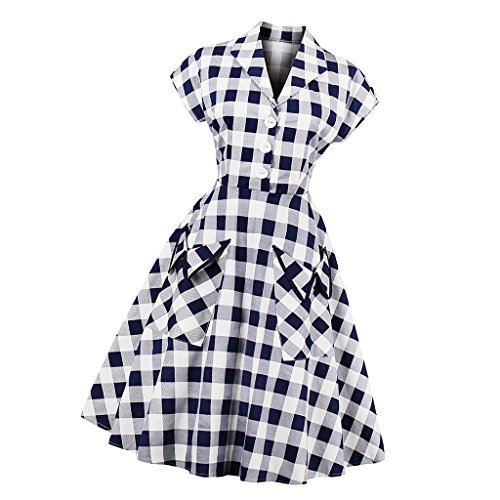 Homyl Stylish Vestido feminino azul xadrez vintage estilo anos 50 60 coquetel festa manga curta skat