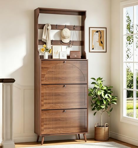 81.8” Tall Shoe Cabinet with Coat Rack, Narrow Shoe Storage Cabinet with 3 Flip Drawers, 2-in-1 Hall Tree Slim Freestanding Shoe Rack Organizer for Entryway (Walnut, 3 Drawers- 81.88”H)