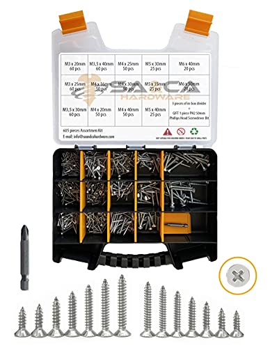 Wood Screws Assortment, 605 pcs M3/M3.5/M4/M5/M6 Flat Head - Phillips Drive, Chipboard & Wood...