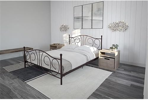 DHP Victoria - Cama de plataforma de metal con cabecera decorativa y estribo de acento decorativo altura de base ajustable para almacenamiento