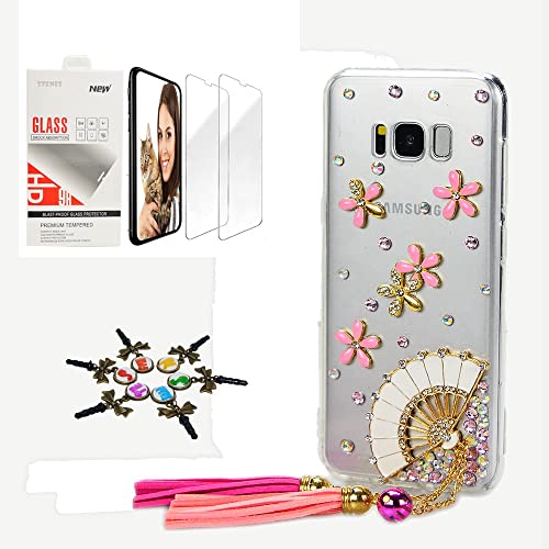 STENES Sparkle Case Compatible with Samsung Galaxy Note 20 Ultra Case - Stylish - 3D Handmade Bling Fan Chain Tassel Flowers Design Cover Case with Screen Protector [2 Pack] - Bling