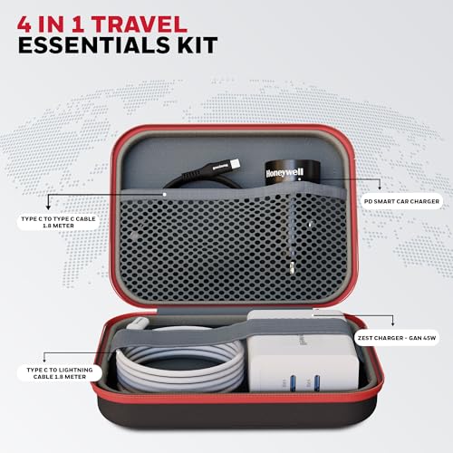 Image of Honeywell Travel Essential Kit, 4-in-1 Charging Kit - Zest 45W GaN Charger, 1.8m Type-C to USB-C & Type-C to Lightning Cables, & 18W PD Smart Car Charger, Universal Compatibility