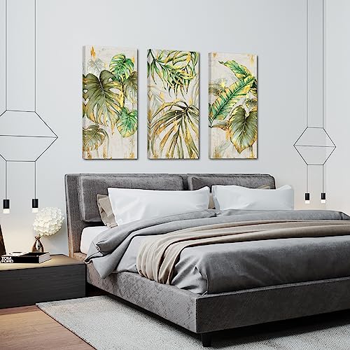 KREATIVE ARTS 3 Pieces Gallery Canvas Nature Artwork for Home Green and Gold Palm Trees Tropical Leaves Rustic Abstract Paintings for Bedroom Living Room Office Walls Each Panel 16x32 Inches