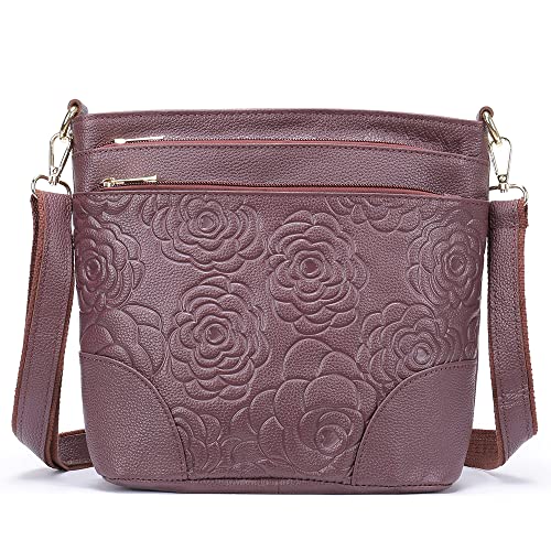 Aslana Floral-Embossed Genuine Leather Shoulder Crossbody Bag Handbag for Women