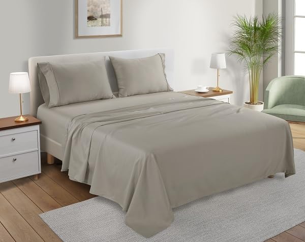 100% Organic Cotton XLTwin Sheets Set, 300TC Sateen Weave 3 PC Twin XL Bed Sheets, Fully Elasticated Sheet & Pillowcase Sets, Soft & Comfy No lint Machine Washable Fade Resistant- Silver