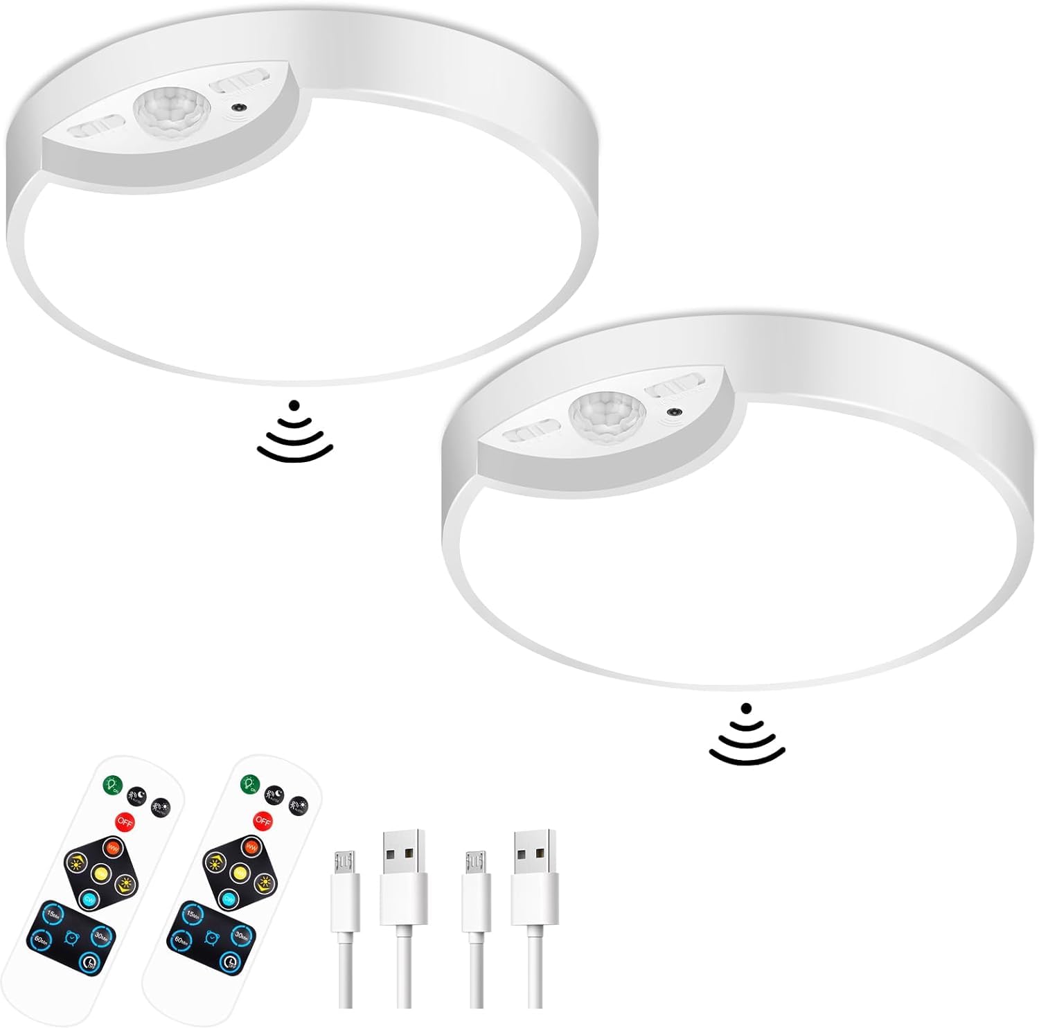 2-Pack Rechargeable Battery Operated Motion Sensor Ceiling Lights with Remotes, 3500K/4500K/6500K, Wireless Dimmable Overhead LED Flush Mount Light for Closet Pantry Shed Stair Hallway