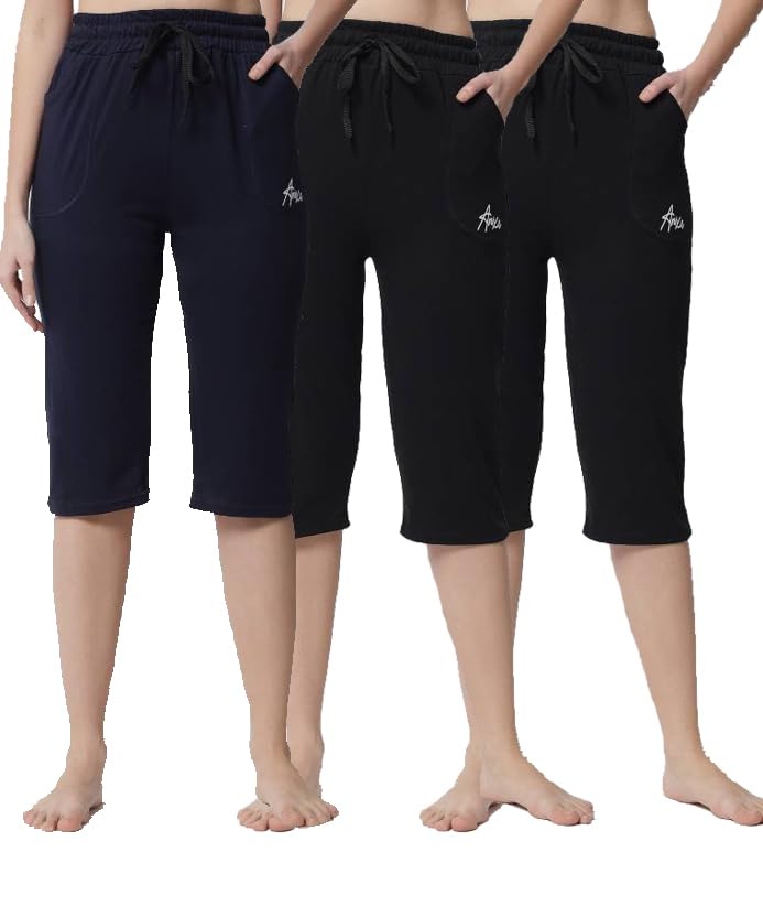 Image of Women's Cotton Capri Pants, Drawstring Waist, Knee Length, Pack of 3