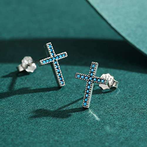 Turquoise Cross Tiny Stud Earrings 925 Sterling Silver Blue Stone CZ Cartilage Tragus Earring Sleeper Statement Stud Faith Ear Piercing Jewelry Gifts for Women4