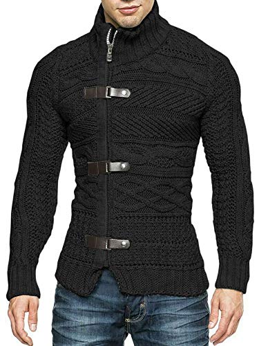 Karlywindow Men's Cable Knitted Oplique Zip Button Front Long Sleeve Cardigan Sweater (Medium, Black) #TOP8