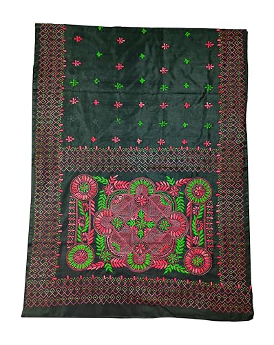 Image of SHRISTI CLOTHINGS Women's Hand Embroidered Cotton Silk Kantha Stitch Saree with Blouse Piece (J420824 BLACKD71)