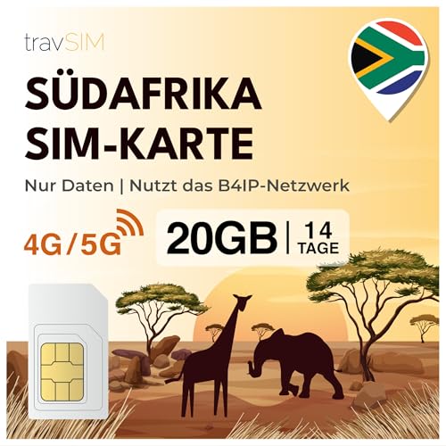 travSIM SIM Karte Südafrika | Verwendung in Allen 9 Provinzen, darunter Johannesburg, Kapstadt, Durban und weitere | 20GB - 14 Tage | Zugang zu Google, Facebook, Whatsapp & mehr | 0 Roamingkosten