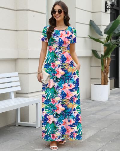 Image of COSSEN Women's Crew Neck Short Sleeve Maxi Dress with Pockets Casual Loose Swing for Wedding Guest Beach Vacation