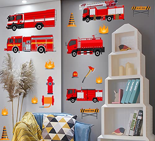 Stickers Muraux Rouge Pompiers Camions Stickers Mural Transport Véhicule pour Garçons Chambre à Coucher Enfants Salle de Jeux