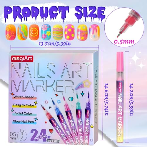 Image of 24 Color Nail Art Pens, Classic & Neon Nail Markers Set 0.5 MM Fine Tip Nail Polish Pens Drawing Painting Point Liner Painted Pen Kit, Waterproof DIY Nails Art Design Manicure Tools