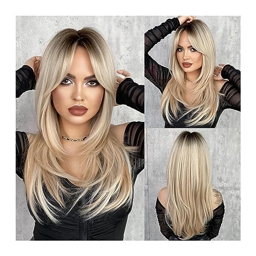 Perruque pour femmes blonde Ombre anti-reflets artificiels cheveux longs lisses avec frange