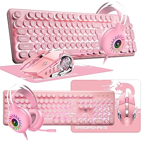 K620 Wired Pink 4-in-1 Gaming Tastatur Maus Set 104 Tasten LED Rainbow Backlit Gaming-Tastatur QWERTY+ 2400DPI 6 Tasten Optische Maus + RGB Backlit-Gaming-Headset + Mäuse-Pad für Laptop/PC-Rosa Cover