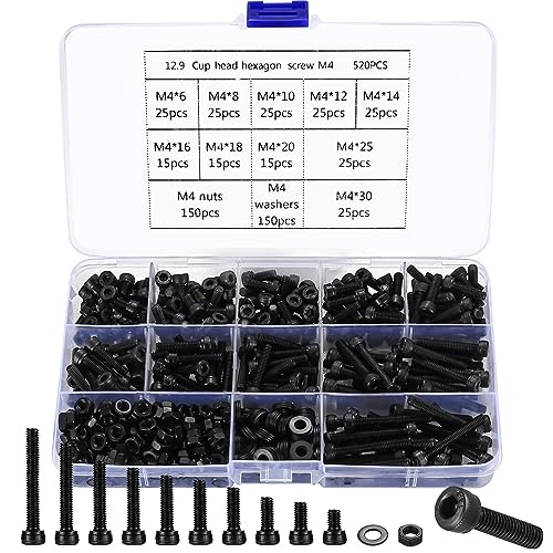 M4 Nuts and Bolts Set, 520 Pcs Hexagon Socket Head Cap Screws, Hex