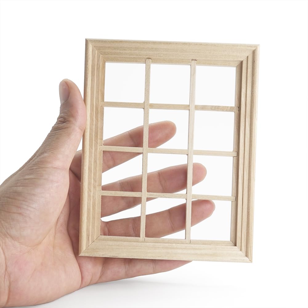 Odoria Dollhouse Lattice Window Miniature: 1/12 Scale Large Frame Windows for Store Diorama - Mini Vintage Victorian Furniture Wood Model - Tiny Building Components Craft DIY Unpainted 16 Grid