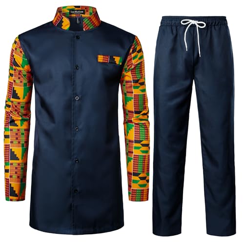 LucMatton Mens Kente Print African 2 Piece Set Long-Sleeve Button-up Shirts and Pants Dashiki Suit Navy Large