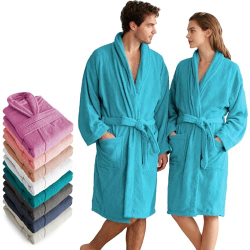 Albornoz de baño unisex 100% algodón – Albornoz suave y absorbente con cinturón, cuello en pico, mangas anchas y dos bolsillos – 500 g/m138 – Tallas M, L, XL - Albornoz para hombre y mujer