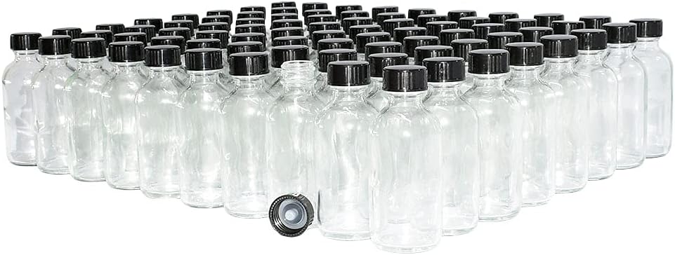 GBO GLASSBOTTLEOUTLET.COM (Pack of 80) 2 oz. Clear Boston Round with Black Poly Cone Cap