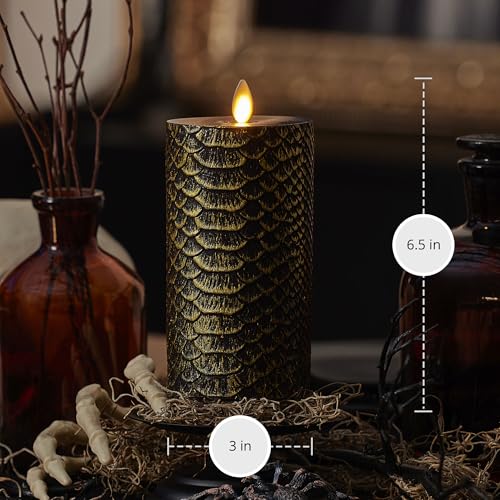 Image of Luminara Snake Pattern Flameless LED Candle, Black & Gold 3 inch x 6.5 inch, Moving Flame Pillar, Battery Operated Timer Real Wax Halloween Gothic Home Decor