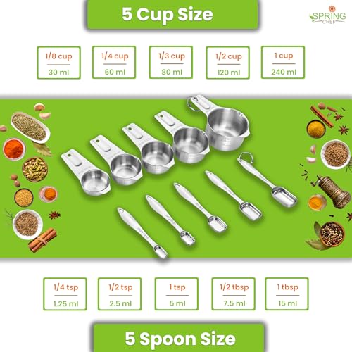 Image of Spring Chef Stainless Steel Measuring Cups and Spoons Set of 10, Nesting Kitchen Metal Measuring Cups and Spoons Set for Dry and Liquid Ingredients, Perfect for Cooking & Baking