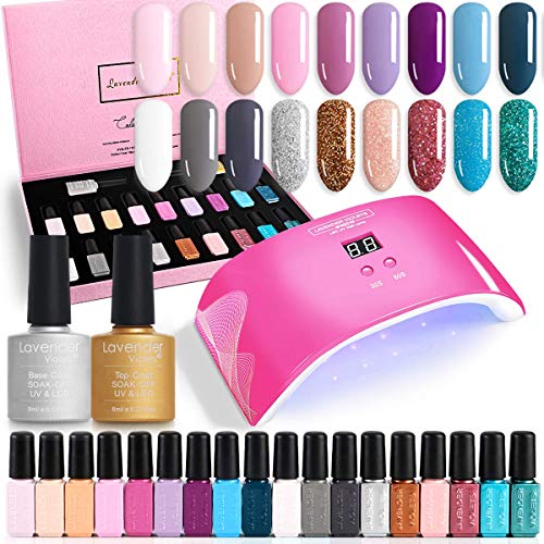 Lavender Violets Nail Art Gel Nail Manicure Bundle Set of LED UV Nail Lamp Light + Gel Polish Plain and Glitter Pack with Base n Top Coat